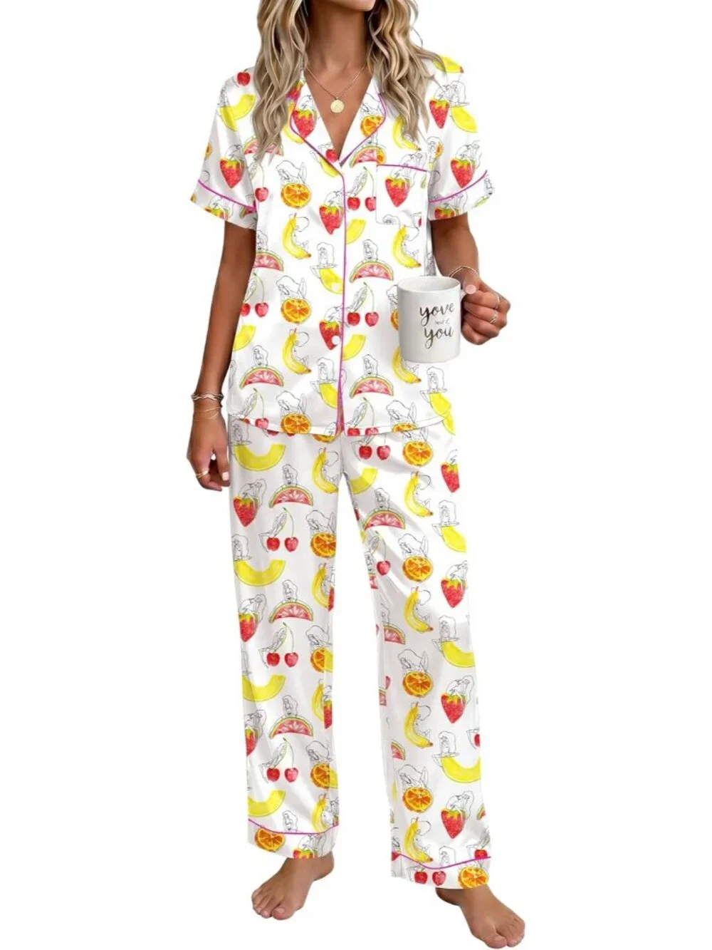 Women's Multicolour Fruit Pattern Short Sleeve Button Down Loungewear Pajama Set